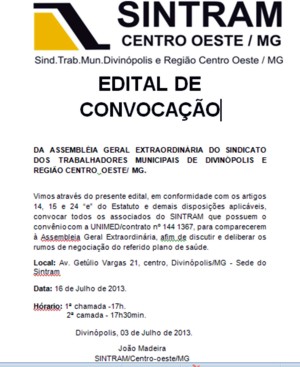 SINTRAM: EDITAL DE CONVOCAÇÃO - DA ASSEMBLÉIA GERAL EXTRAORDINÁRIA DO SINDICATO DOS TRABALHADORES MUNICIPAIS DE DIVINÓPOLIS E REGIÃO CENTRO OESTE/ MG. assembleia - unimed 300 px